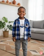 Ensemble garçon madras : chemise manche longue et pantalon, tenue décontractée pour enfant.