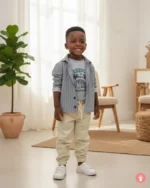 Ensemble garçon madras : chemise manche longue et pantalon, tenue décontractée pour enfant.