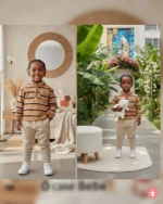 Ensemble garçon 2 pièces chic & confortable en coton doux. T-shirt blanc et short bleu.