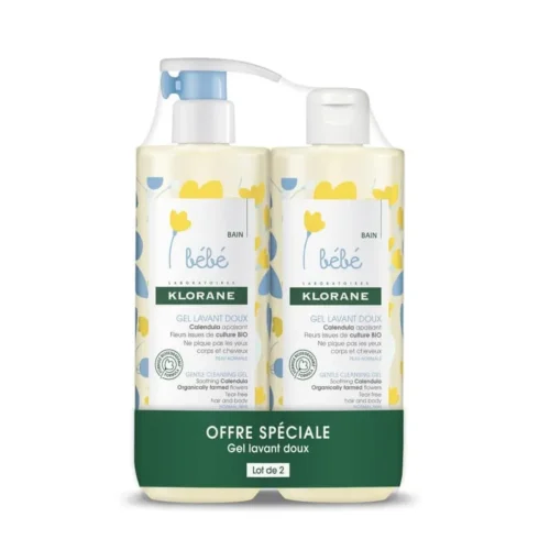 Lot de 2 gels lavants Klorane pour bébé, formule douce à l'extrait de calendula, peau propre et hydratée.