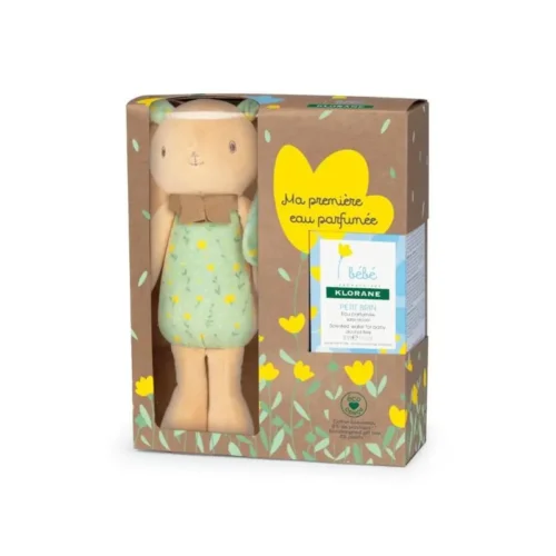 Doudou Klorane parfum doux et peluche pour bébé, idéal pour le sommeil et le réconfort.