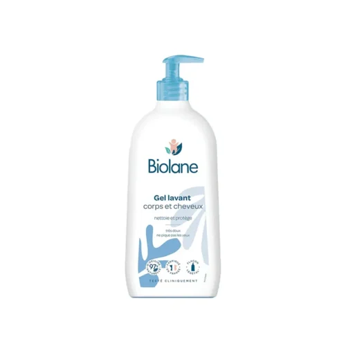 Gel lavant Biolane 750ml pour bébé, formule douce pour corps et cheveux, flacon pompe pratique