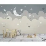 Papier peint intissé motif géométrique bleu et blanc, décoration murale chambre enfant, style moderne