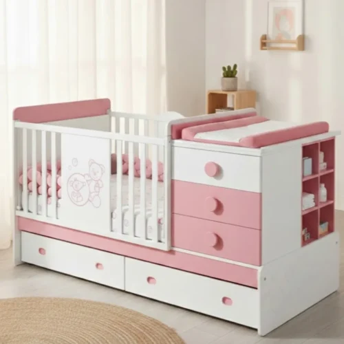 Berceau évolutif blanc avec commode intégrée, lit bébé modulable et commode à langer.