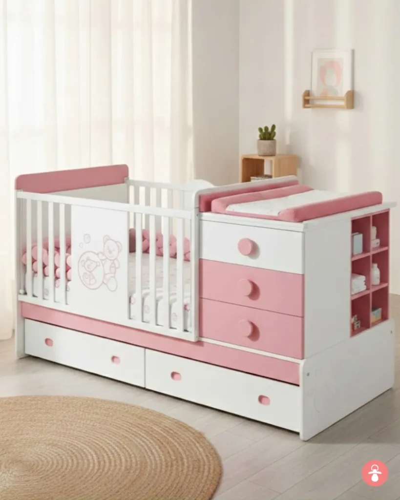 Berceau évolutif blanc avec commode intégrée, lit bébé modulable et commode à langer.