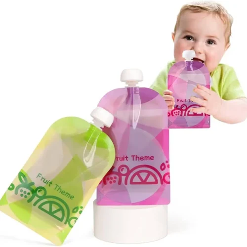 Sachet compote réutilisable bébé, gourde fruits sans BPA, écologique et pratique pour purées et smoothies.