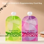Sachet compote réutilisable bébé, gourde fruits sans BPA, écologique et pratique pour purées et smoothies.