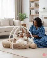 Tapis d'éveil bébé multicolore avec arche de jeux et jouets suspendus pour développement sensoriel
