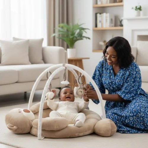 Tapis d'éveil bébé multicolore avec arche de jeux et jouets suspendus pour développement sensoriel