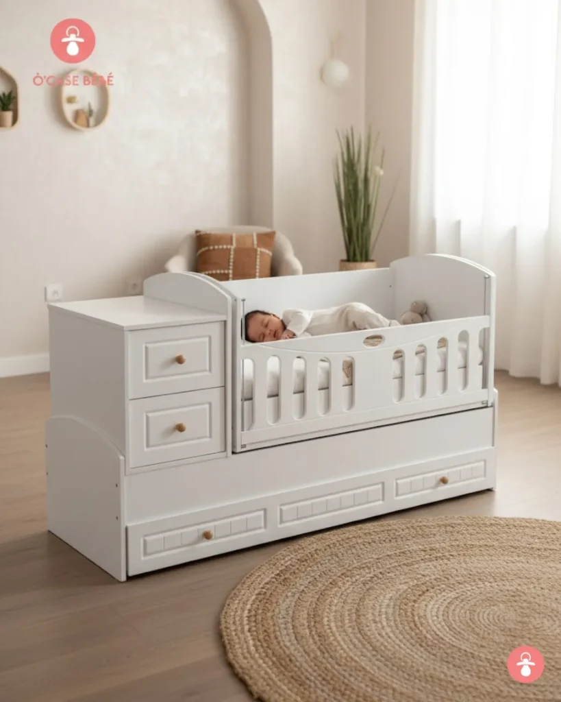 Berceau évolutif blanc avec commode intégrée, lit bébé modulable, mobilier chambre enfant