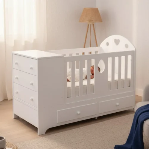 Berceau évolutif en bois naturel, design scandinave pour chambre bébé.