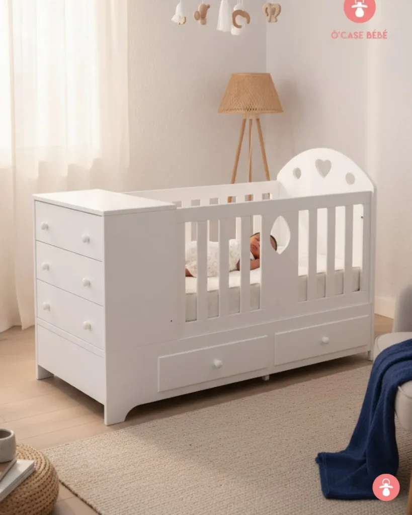 Berceau évolutif en bois naturel, design scandinave pour chambre bébé.