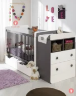 Berceau évolutif blanc avec commode intégrée, lit bébé modulable et meuble rangement enfant