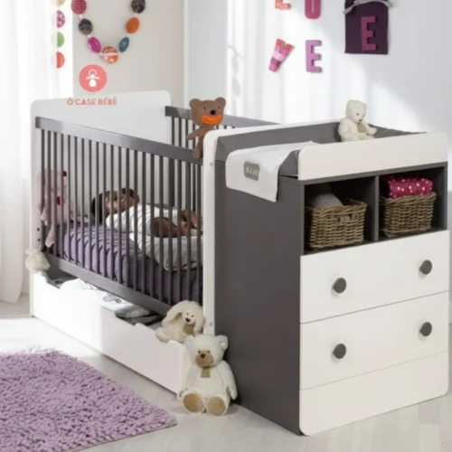 Berceau évolutif blanc avec commode intégrée, lit bébé modulable et meuble rangement enfant