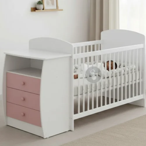 Berceau évolutif blanc avec commode intégrée, mobilier bébé fonctionnel et moderne.