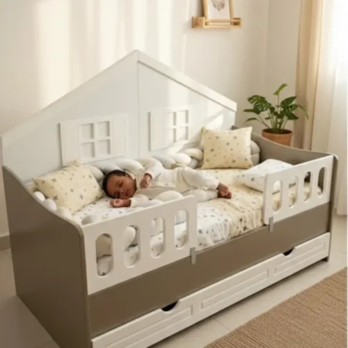 Lit enfant bois forme maison-berceau, lit cabane bébé, chambre enfant naturel