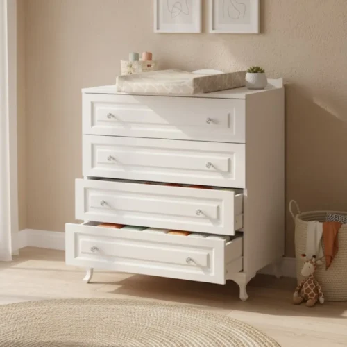 Commode 4 tiroirs blanche bébé, rangement chambre enfant, meuble pratique et élégant