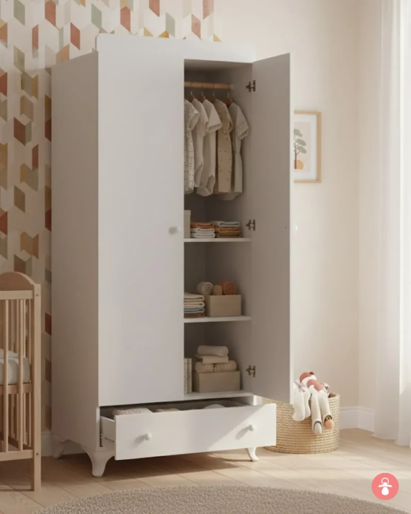 Armoire 2 battants avec tiroir, rangement chambre enfant, meuble bébé, bois blanc