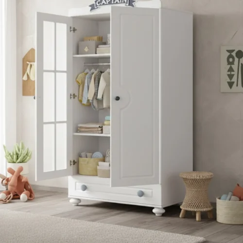 Armoire bébé 2 battants rangement, penderie et étagères, meuble chambre enfant blanc