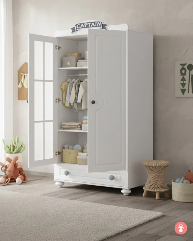 Armoire bébé 2 battants rangement, penderie et étagères, meuble chambre enfant blanc