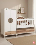 Berceau bébé capitonné avec armoire chambre, lit bébé design doux et fonctionnel