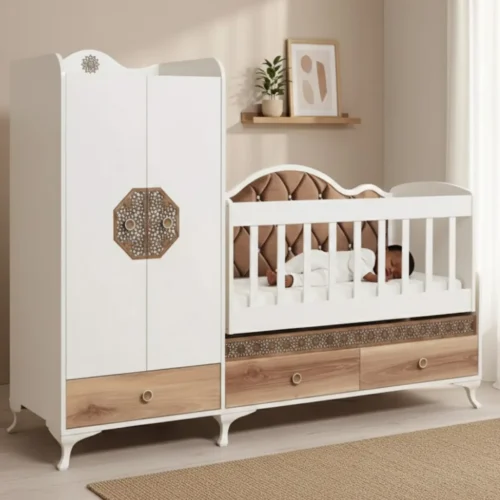 Berceau bébé capitonné avec armoire chambre, lit bébé design doux et fonctionnel
