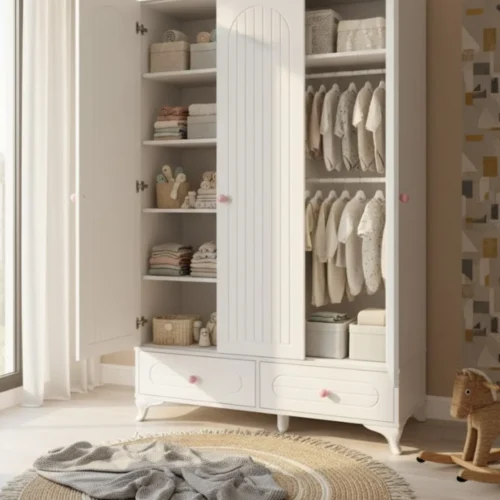 Armoire 3 battants 2 tiroirs blanche, rangement chambre enfant, meuble bébé Ocasebebe