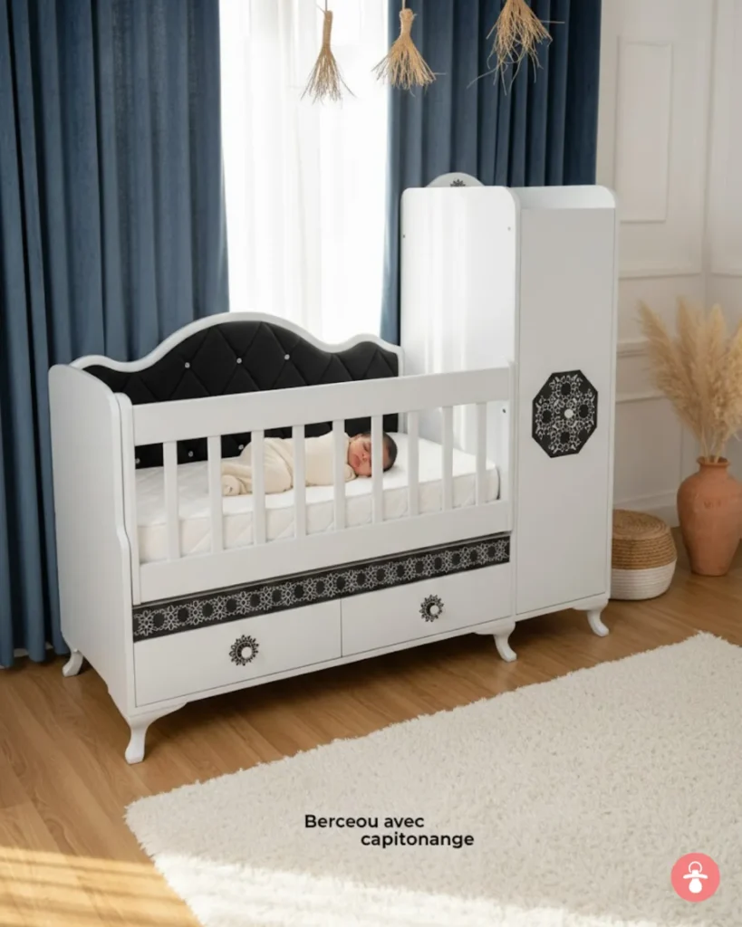 Berceau bébé capitonné avec armoire assortie pour chambre enfant. Mobilier doux et élégant.