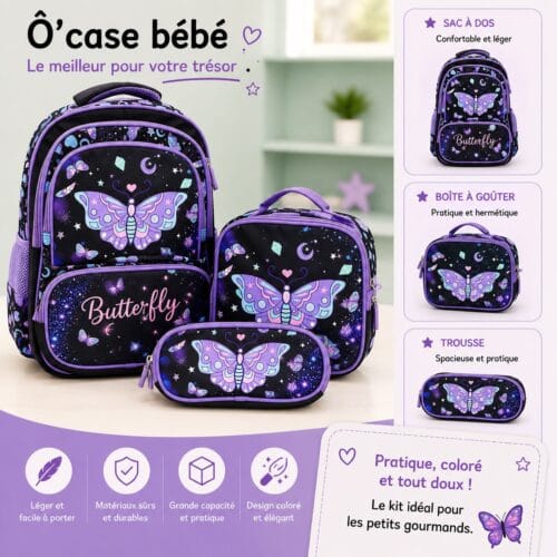 Sac à dos papillon violet — primaire, avec trousse