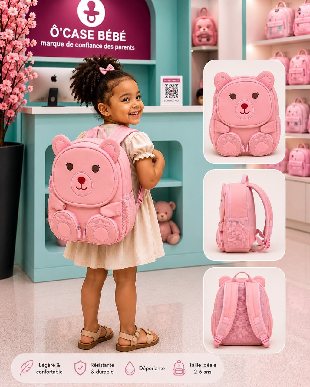 Sac à dos ourson rose enfant — maternelle