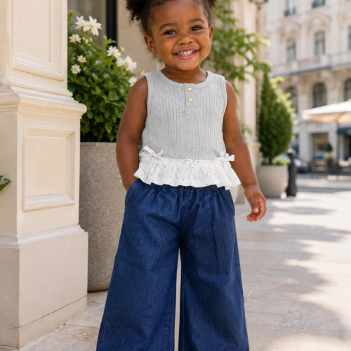 Ensemble Fille 2 Pièces Top Volanté & Pantalon Jean Large
