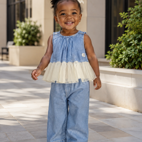 Ensemble Fille 2 Pièces Bleu Jean & Volants Blancs