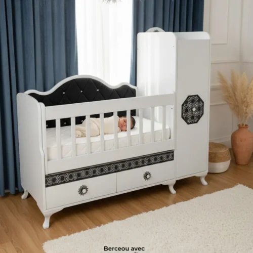 Berceau bébé capitonné avec armoire et tiroirs rangement