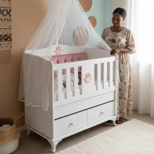 Berceau capitonné avec tiroirs de rangement - lit bébé luxe