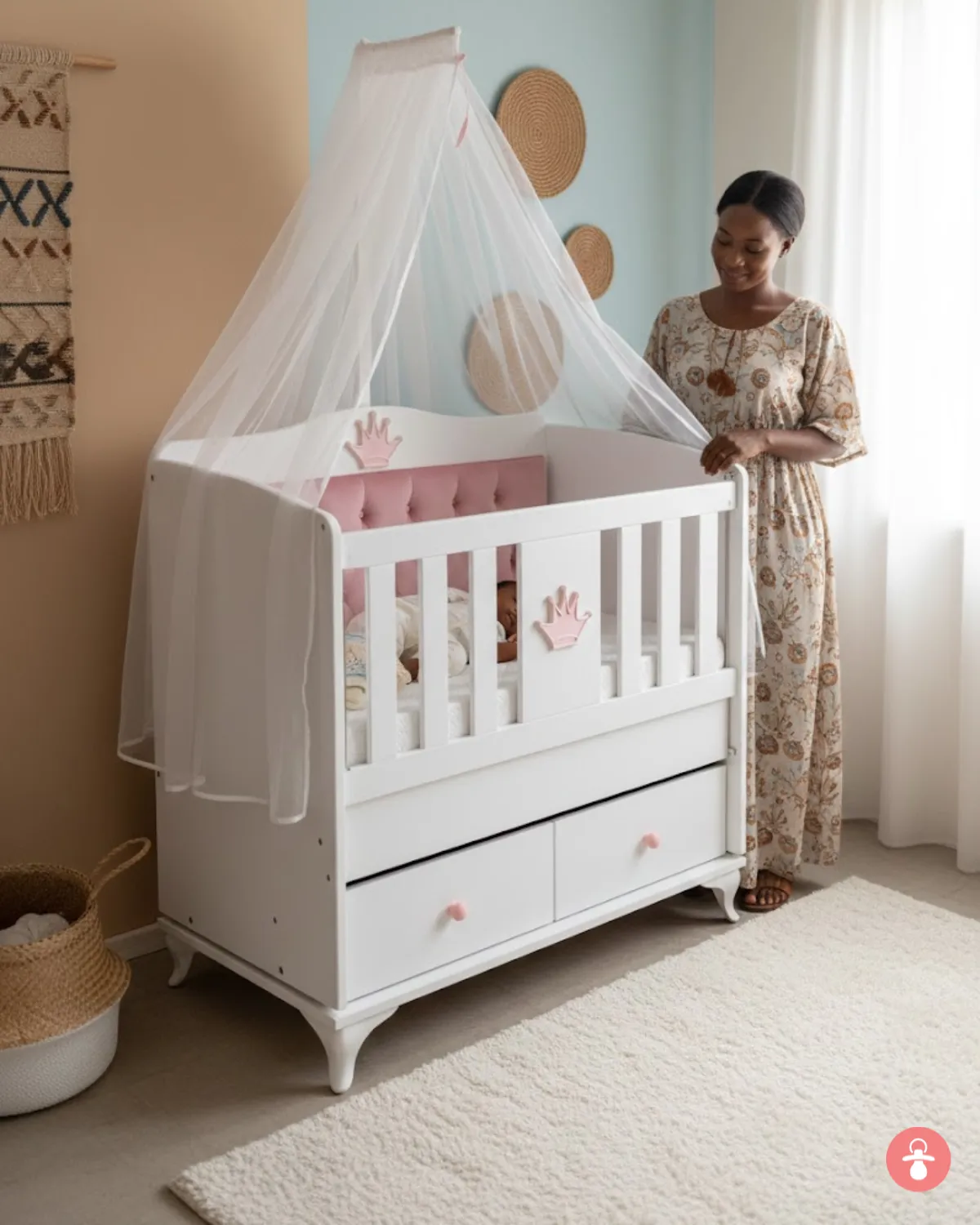 Berceau capitonné avec tiroirs de rangement - lit bébé luxe