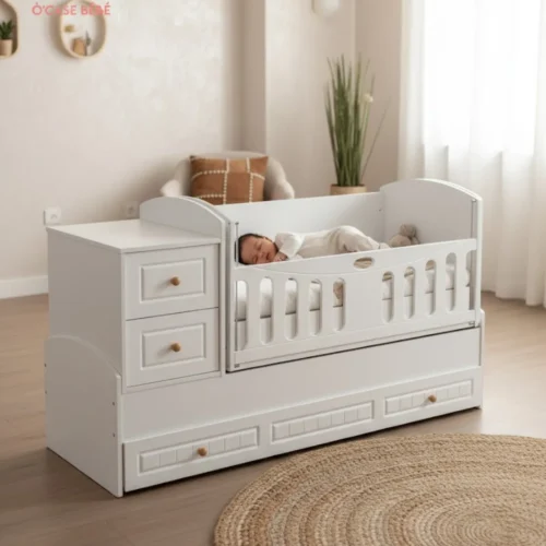 Berceau évolutif en bois avec commode intégrée - ensemble complet