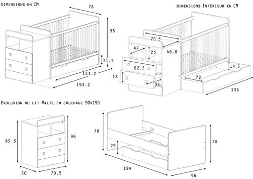 Berceau évolutif en bois avec table à langer intégrée