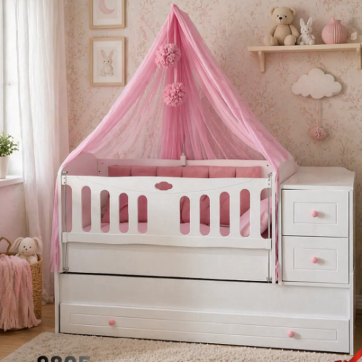 Berceau évolutif rose en bois - Grandit avec bébé